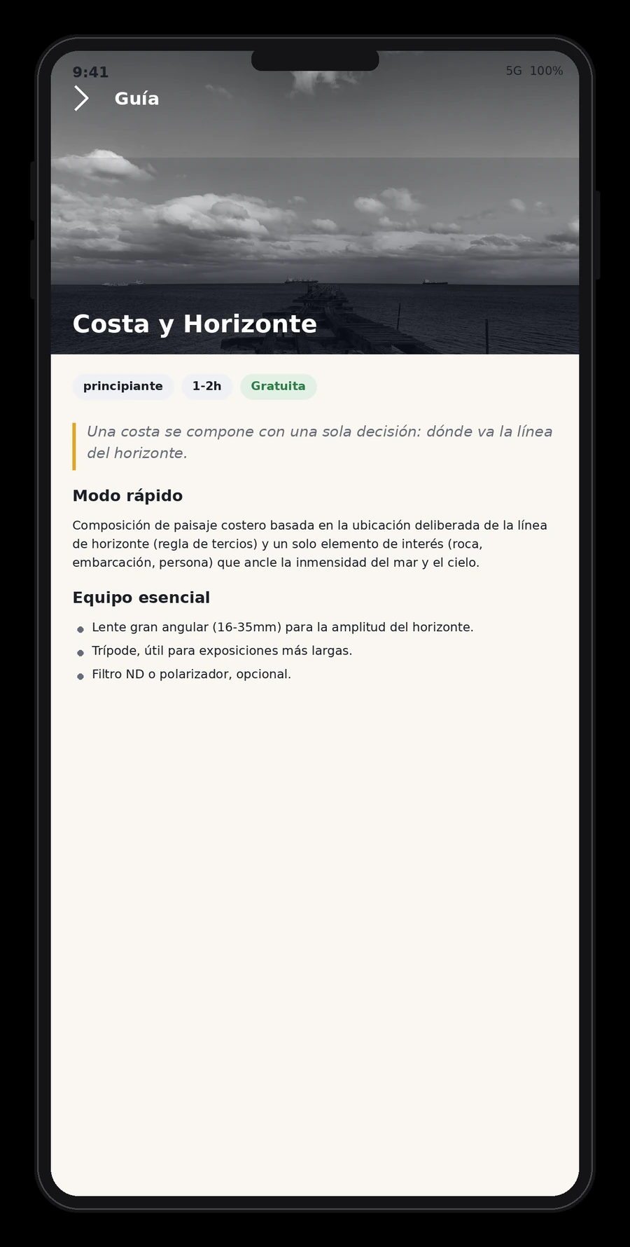Detalle de una guía gratuita en la app