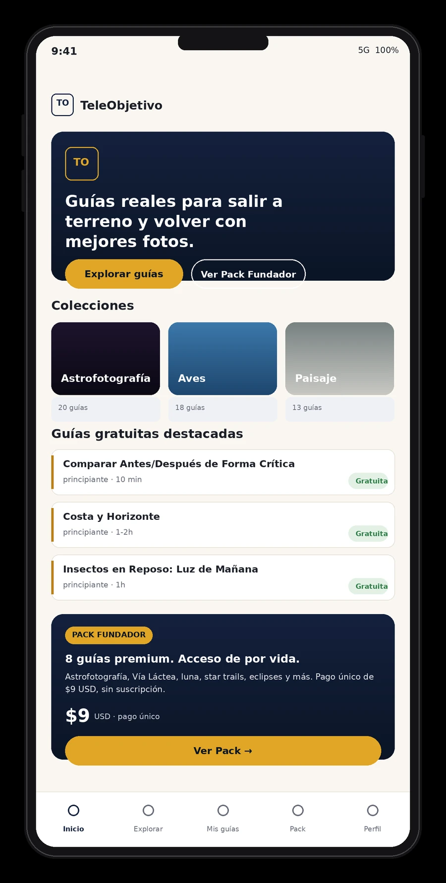 Pantalla de inicio de la app TeleObjetivo